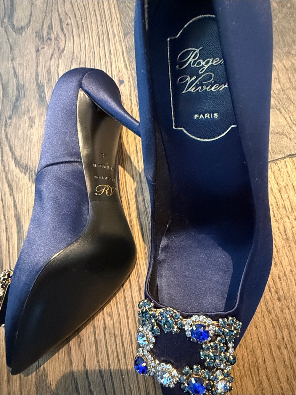 RV Navy Satin Pointed Toe Pumps with Crystal Buckle - Picture 2 of 2